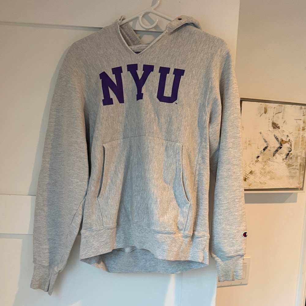 Champion Gray Crewneck Hoodie with Purple NYU Logo